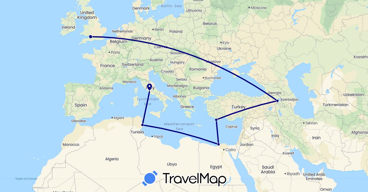 TravelMap itinerary: driving in Armenia, Egypt, United Kingdom, Italy, Tunisia, Turkey (Africa, Asia, Europe)